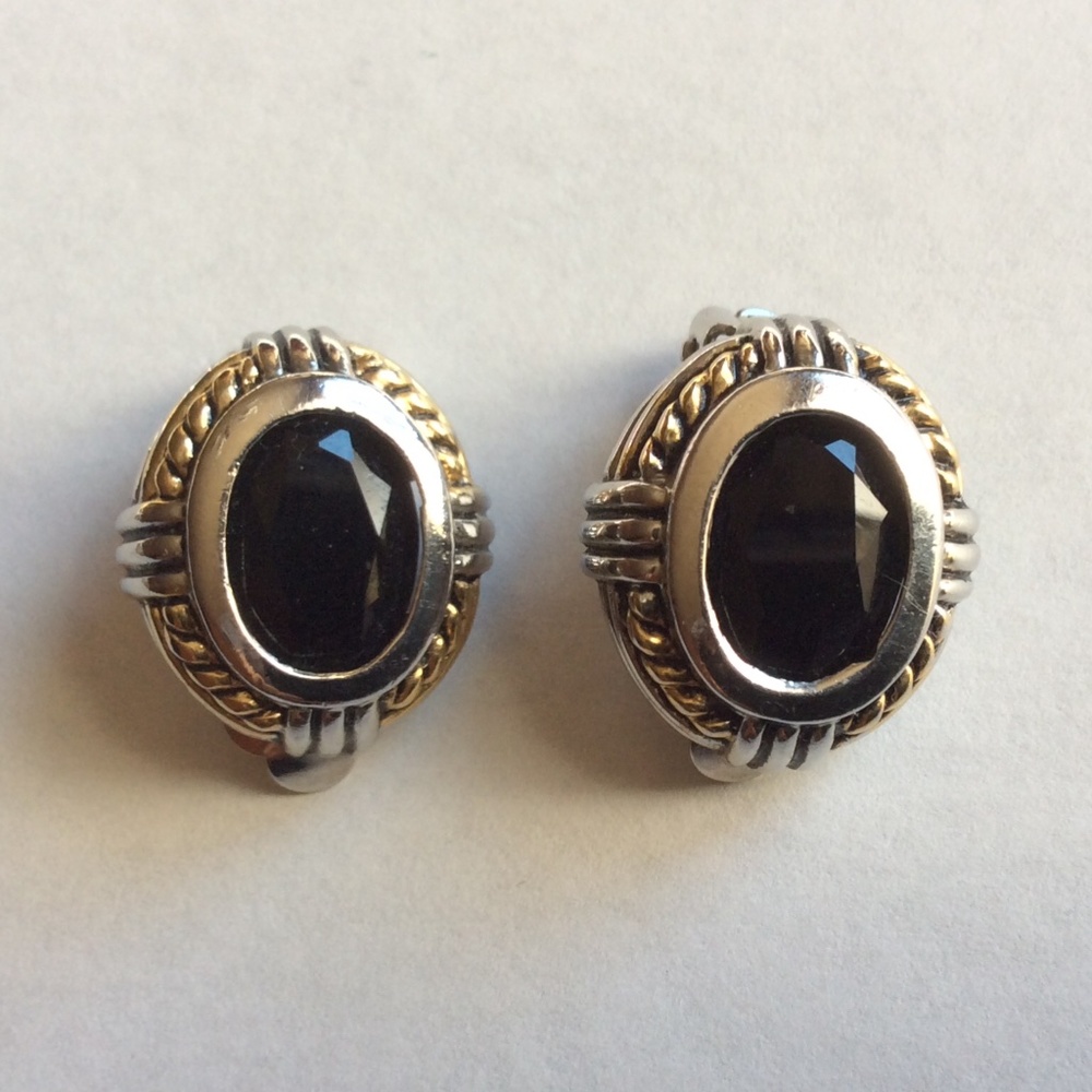 Vintage Silver And Gold Tone Black Glass Twisted Rope Design Clip On Earrings